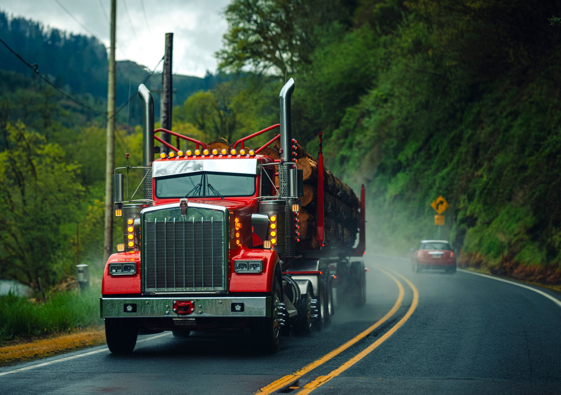 Truck hauling logs on a misty forest road